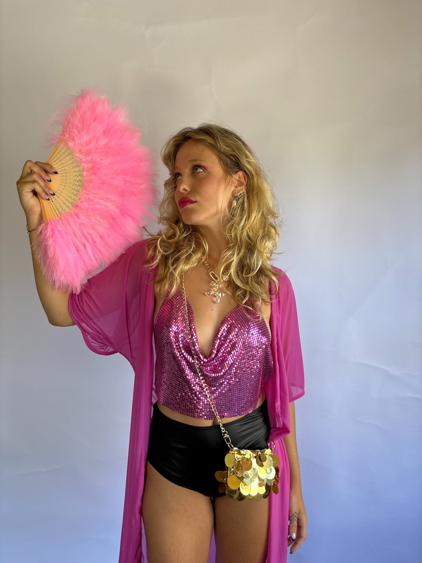 Top malha metálica rosa